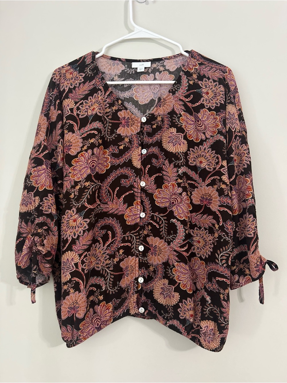 J.Jill Womens Blouse Brown Floral Balloon 3/4 Sleeve Button Down Boho M
